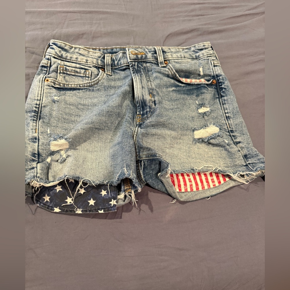 Old Navy Blue Distressed Jean Shorts with Star and Stripe Accents
